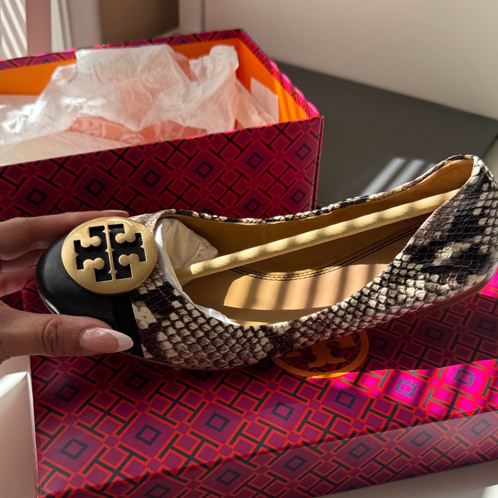 Tory Burch Black and Tan Snake Print Flats